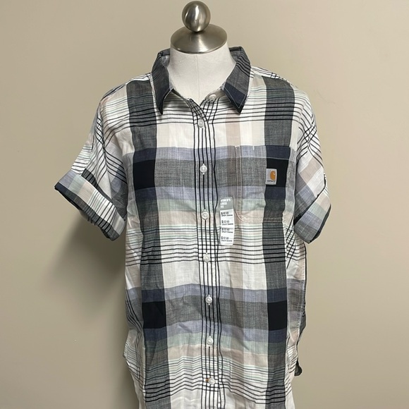 Carhartt Women’s Short Sleeve Loose Fit Woven Button Front Plaid Stripes NWT - Picture 3 of 5
